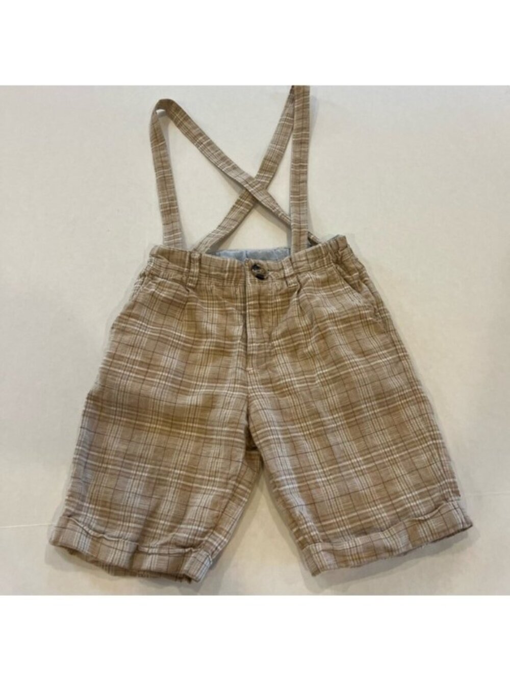 Cyrillus Kid’s Bermuda Shorts Size 5 Y Linen Cotton Tan Suspenders Adjustable